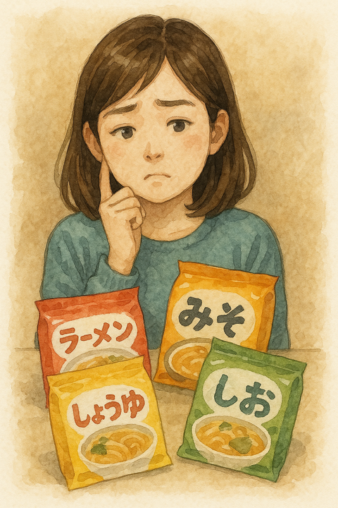色々な袋麺で悩む女性