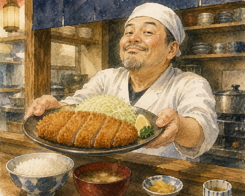 トンカツを提供する　定食屋店主
