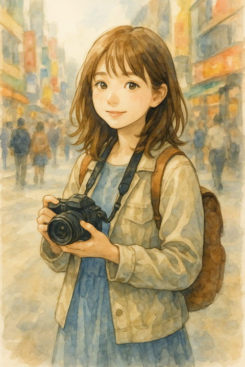 カメラをもって旅行する女性