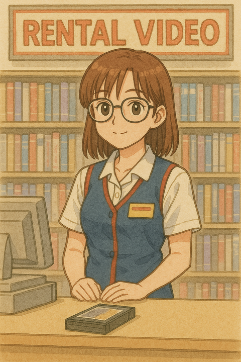 レンタルビデオ屋 受付のメガネの女性