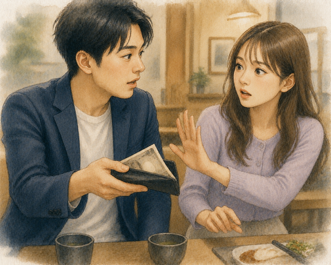 お金を払おうとする男　止める女性