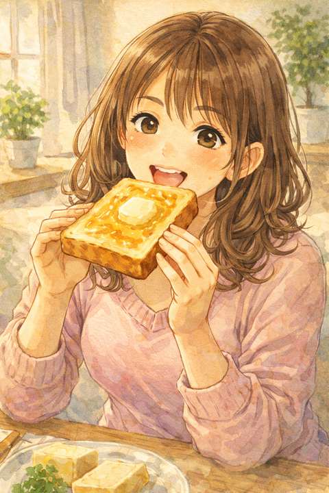 バターを乗せたトーストを食べる女性