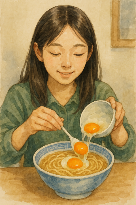 ラーメンに生卵をおとす女性