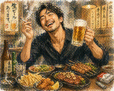 食事や酒タバコをたしなみまくる男性