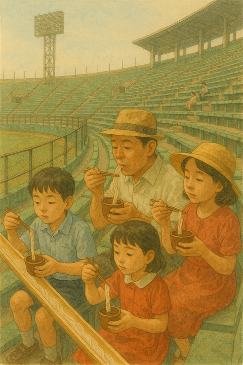 野球場で流しそうめん