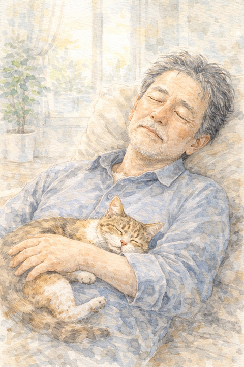 寝る男性と猫