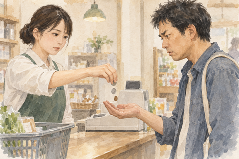 女の店員が釣り銭男性