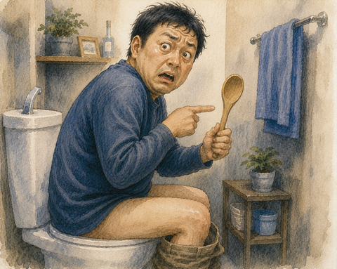 トイレで木べらに驚く男性