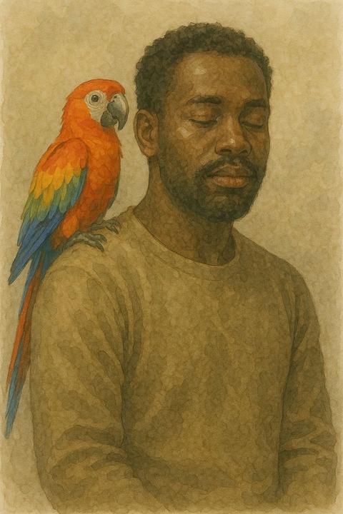 綺麗な羽のオウムを肩に乗せた黒人