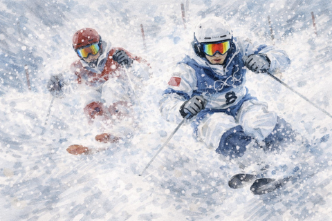 男子デュアルモーグルで競う選手