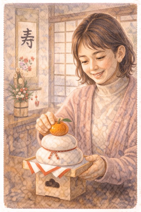 鏡餅を飾る女性