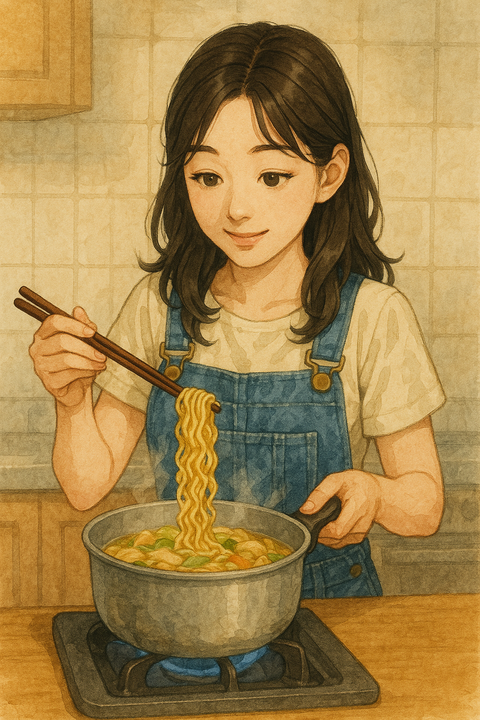 インスタントラーメンを鍋でゆでる女性