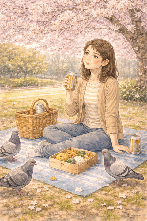 1人でお花見をする女性