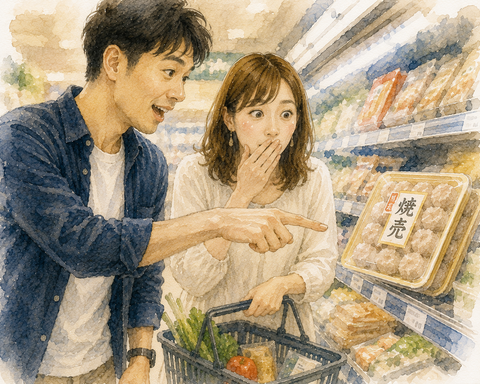 夫がパックの焼売を指さす驚く妻
