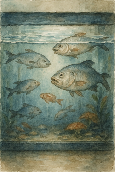 水槽の魚たちが浮いている