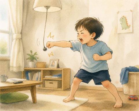 照明の紐でボクシングごっこ　幼稚園児