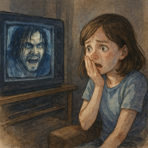 テレビでホラー映画を見て怖がる女性