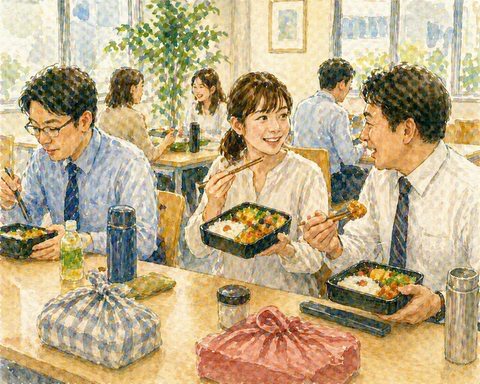 職場の食堂でお弁当ランチタイム