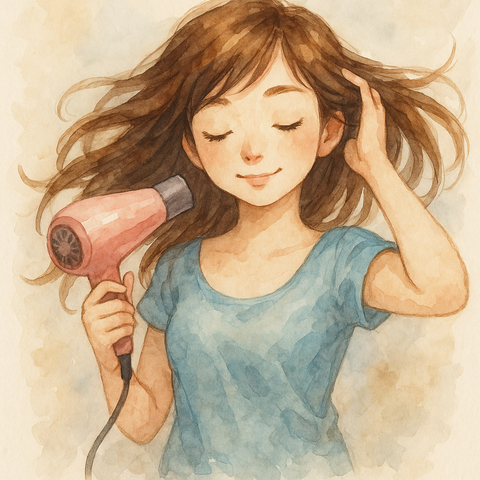 ドライヤーで髪を乾かす女性