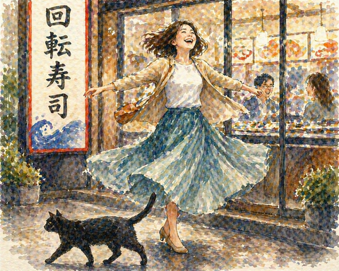 回転寿司屋の前で回転する女性と黒猫