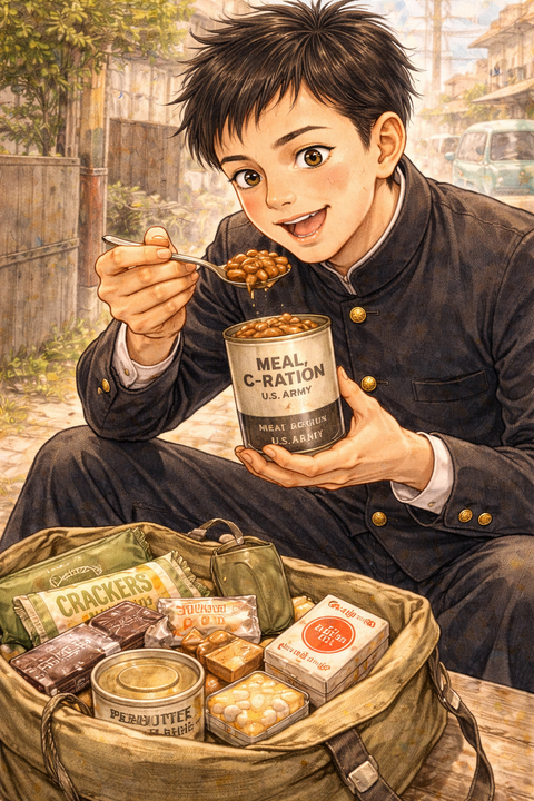 米軍のCレーションを食べる男子