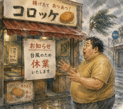 台風で休業のコロッケ屋