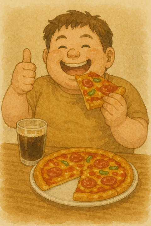 ピザとコーラとサムズアップする少年