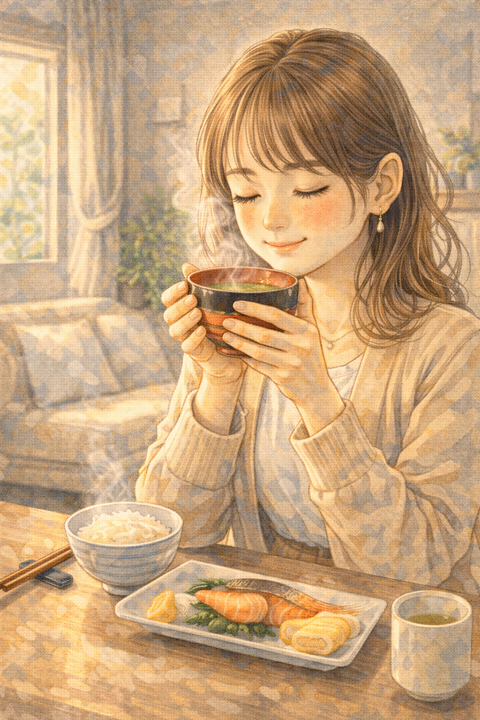 朝ごはんに味噌汁を飲む女性