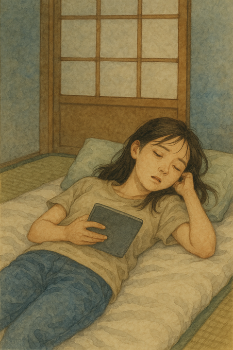 タブレットを見ながら寝る女性