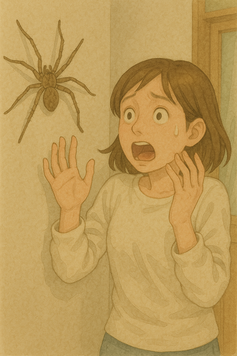 アシダカグモにビックリする女性