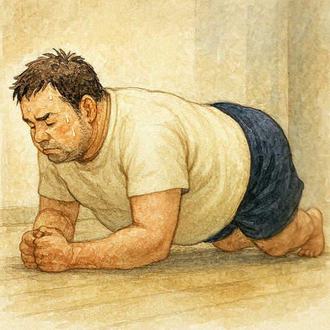 ダルダルのお腹プランクする男性