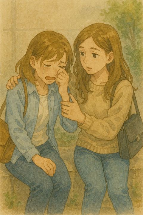 泣く友人を慰める女性