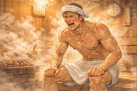 サウナで我慢する男性