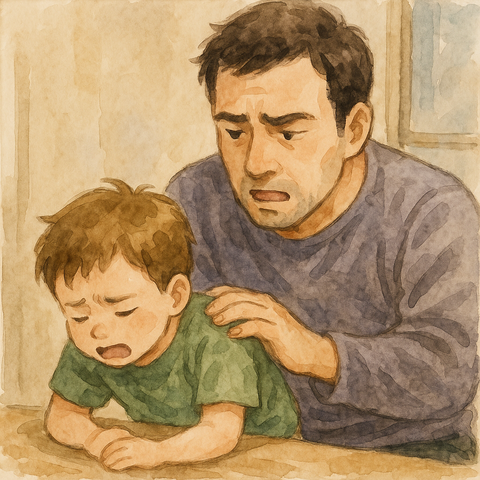 具合が悪そうな子供と背中をさする父