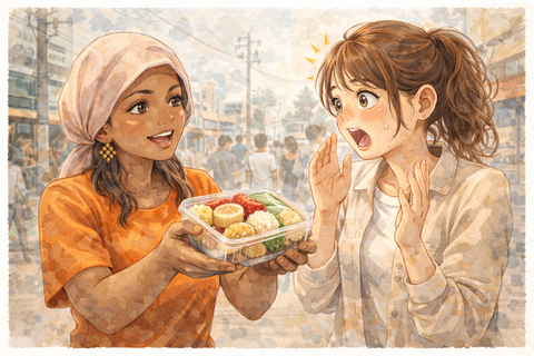 お菓子を渡す東南アジア女性