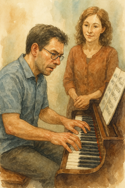 ピアノの練習をする男性と先生