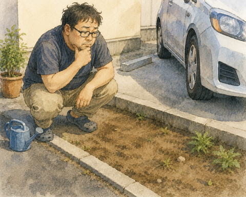 コンクリ敷の駐車場の端っこ