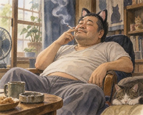 タバコを吸ってリラックスする猫耳中年男性