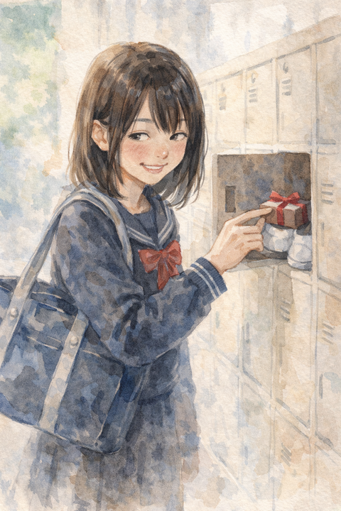 学校の靴箱にこっそりチョコを入れる女子高生