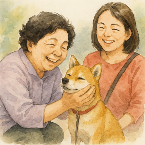 犬をかわいがるおばちゃん