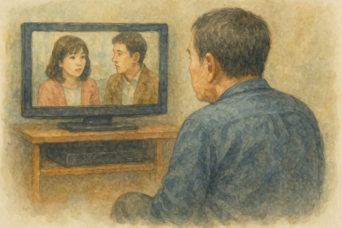 テレビでドラマを見る男性