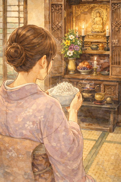 仏壇にシラスを乗せたご飯を供える女性