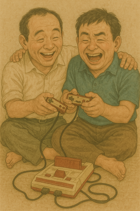 友達と楽しそうに遊ぶおじさん