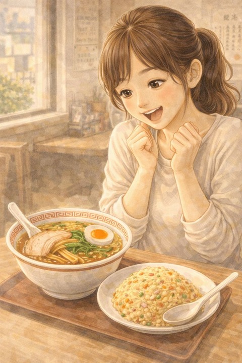 ラーメンチャーハンセットに喜ぶ女性