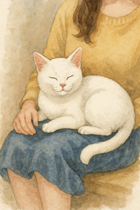 膝の上で甘える白猫