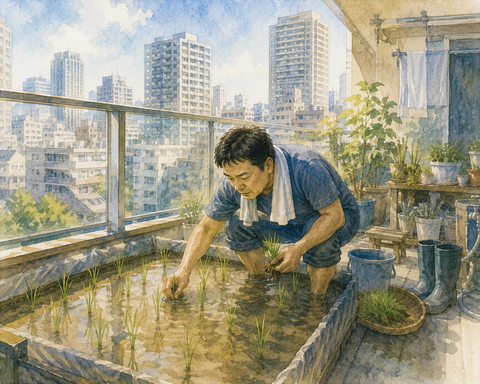 都会のマンションで田植えする中年男性