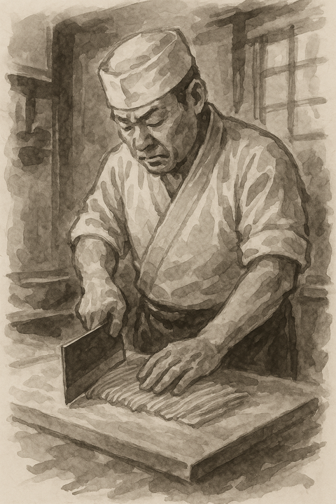 蕎麦を打つ中年男性