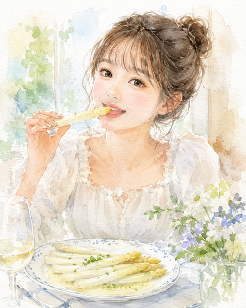 ホワイトアスパラガスを食べる女性