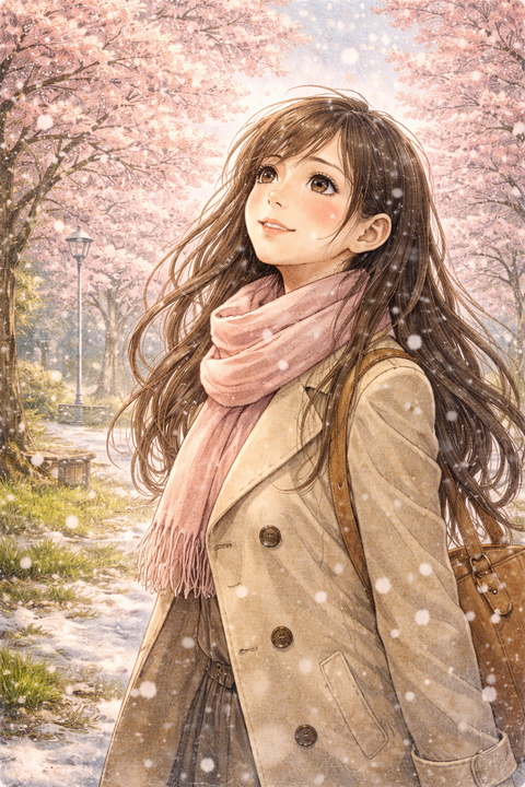 雪が舞う春の公園の女性