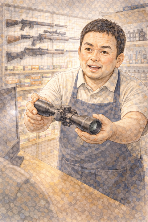 ライフル用のスコープを進める店長